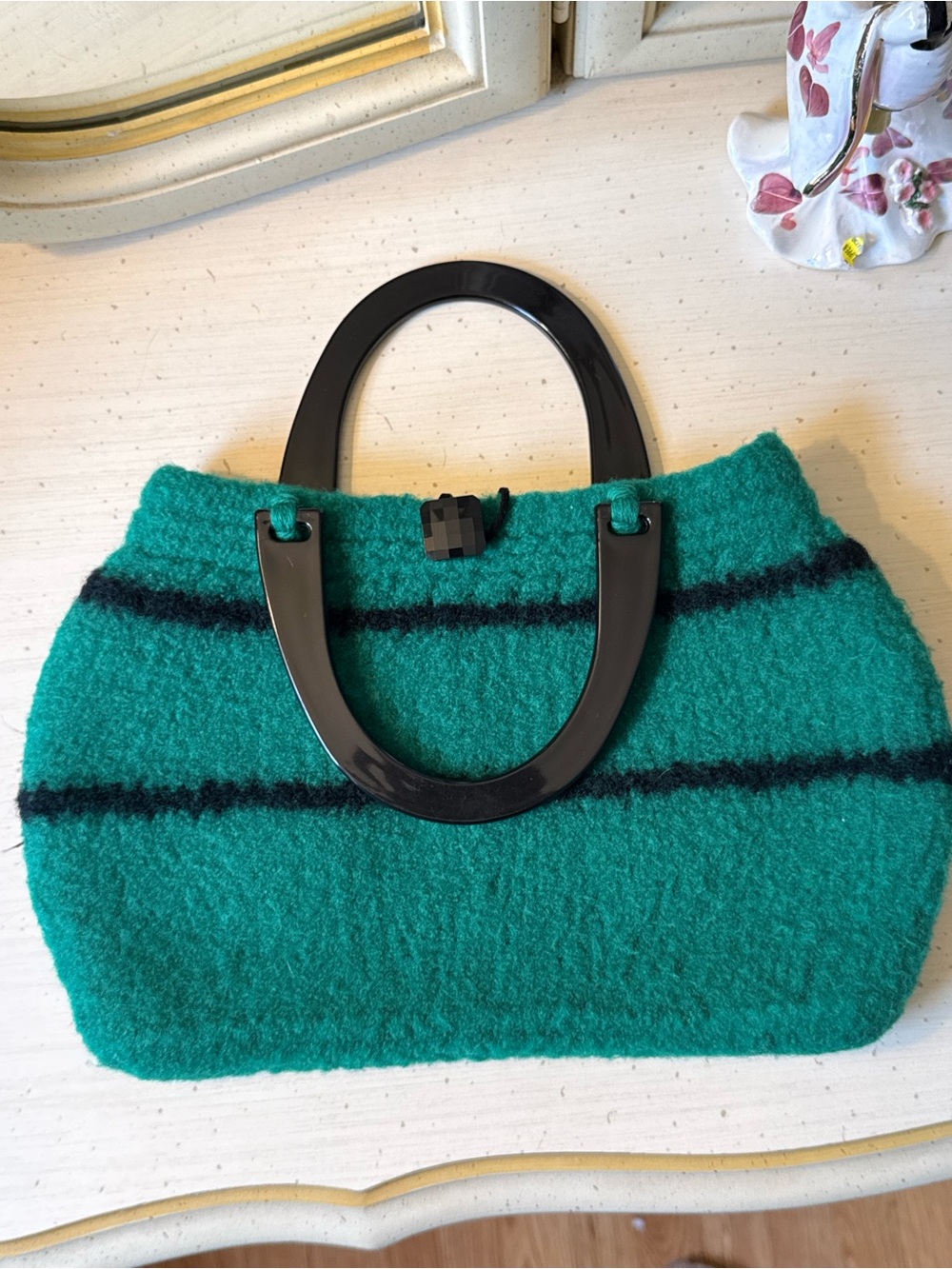 Vintage Green Wool-Blend Tote Bag with Black Handles
